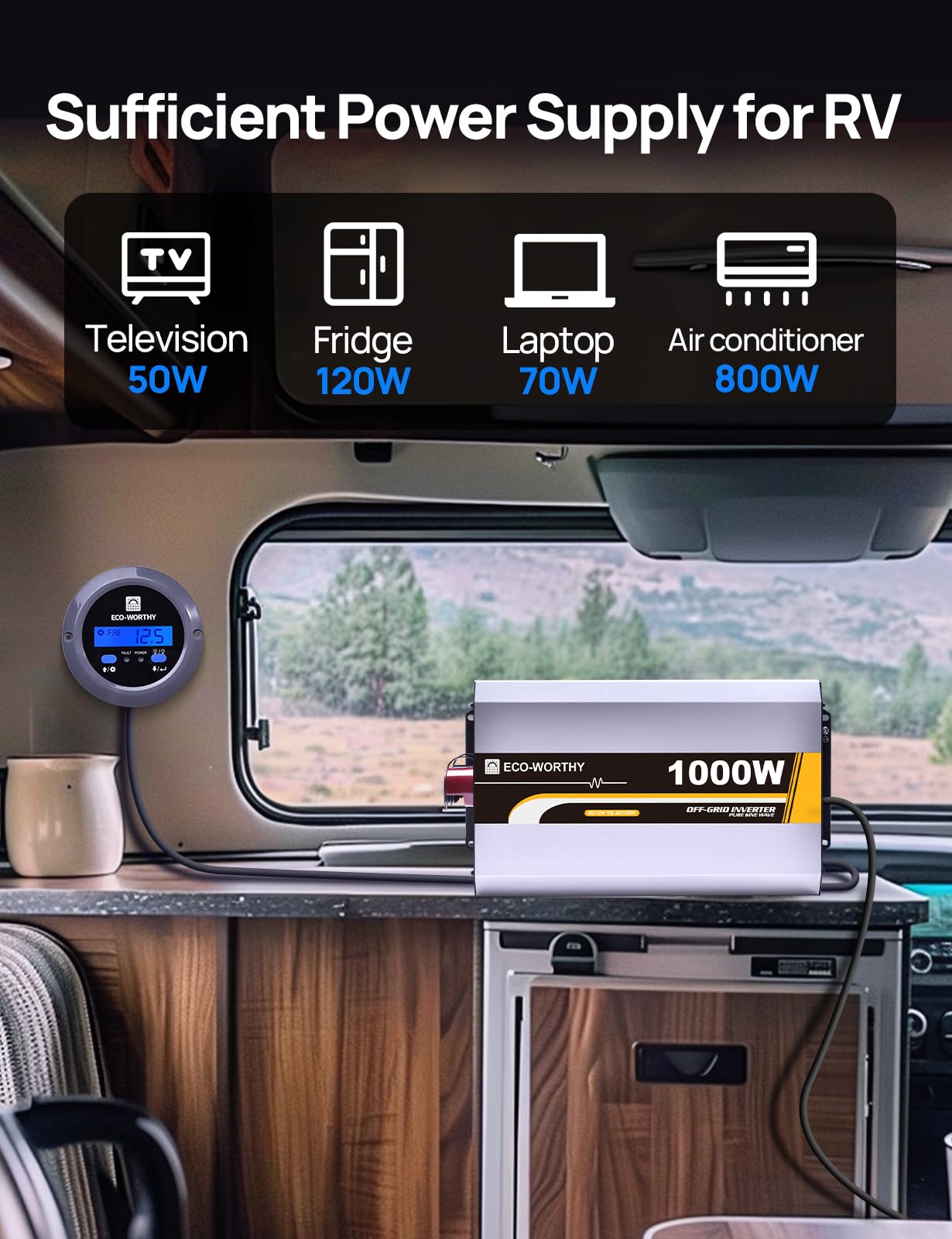 ECO-WORTHY 1000W Pure Sine Wave Inverter 12V DC to 120V AC Converter with Remote Controller,Off-Grid Solar Power Inverter for,Boat,Camping, Home, Rv, Truck,Outdoor,Conversion Efficiency Up to 92% - Image 4