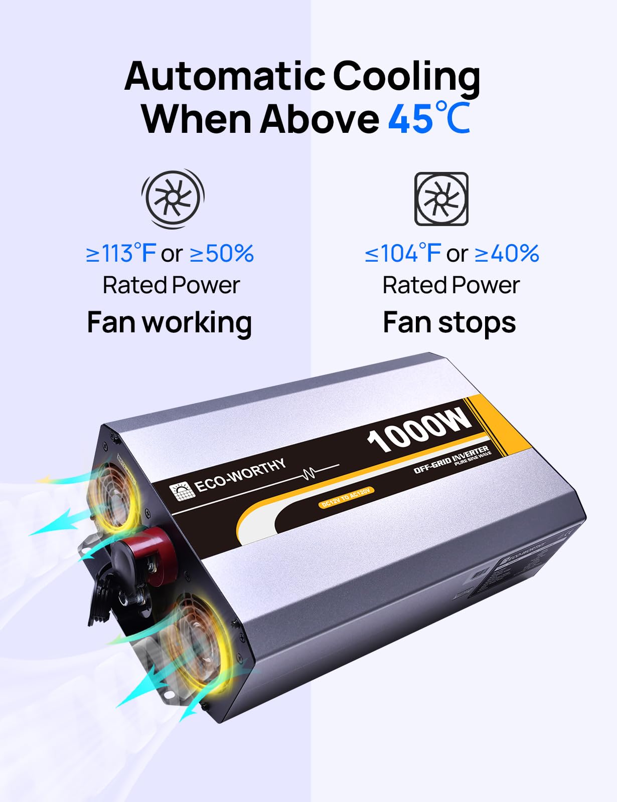 ECO-WORTHY 1000W Pure Sine Wave Inverter 12V DC to 120V AC Converter with Remote Controller,Off-Grid Solar Power Inverter for,Boat,Camping, Home, Rv, Truck,Outdoor,Conversion Efficiency Up to 92% - Image 8