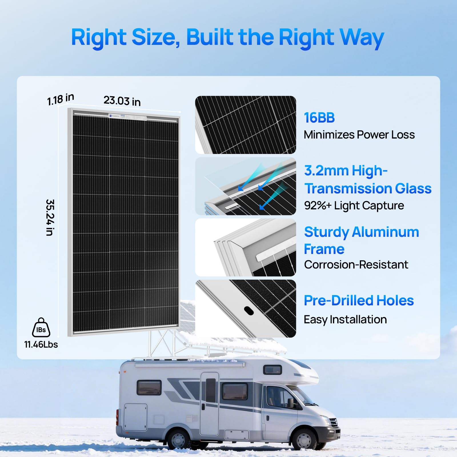 ECO-WORTHY 100W Solar Panel N-Type, 12V 100 Watt Solar Panel with 25% Efficiency Monocrystalline PV Module,N-Type 16BB Solar Panels for RV,Marine, Rooftop,Trailer Camper,Farm and Other Off-Grid System - Image 6