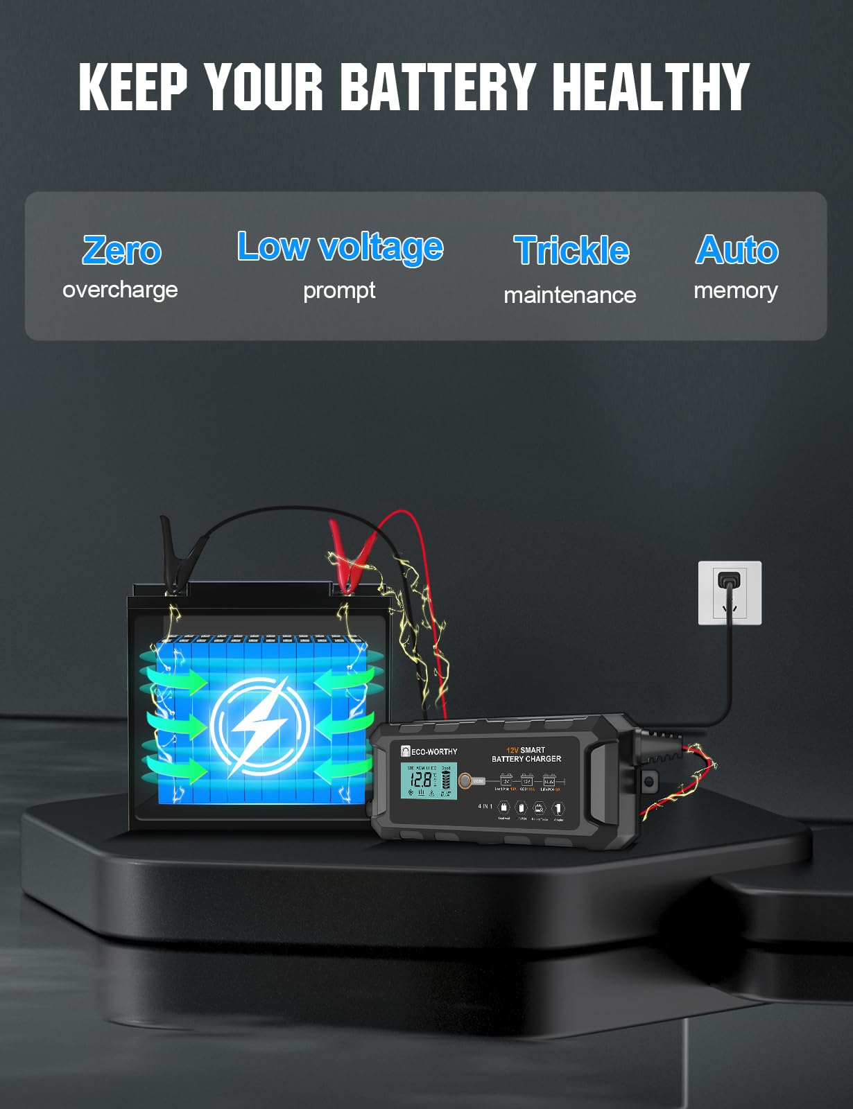ECO-WORTHY 10A LiFePO4 Battery Charger 12V, Smart Lithium Battery Charger & Maintainer, Trickle Charger and Desulfator for Lead Acid, RV, Car, Motorcycle, Marine, Boat - Image 4