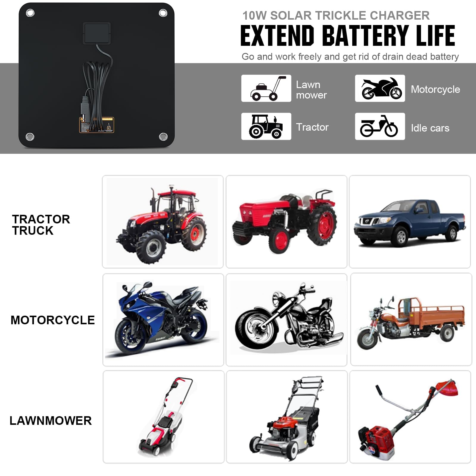 ECO-WORTHY 10W Solar Car Battery Charger Maintainer 12V Waterproof Portable Solar Trickle Charger for Car Truck Boat Lawn Mower RV Trailer Tractor ATV Utility Vehicle Battery - Image 4