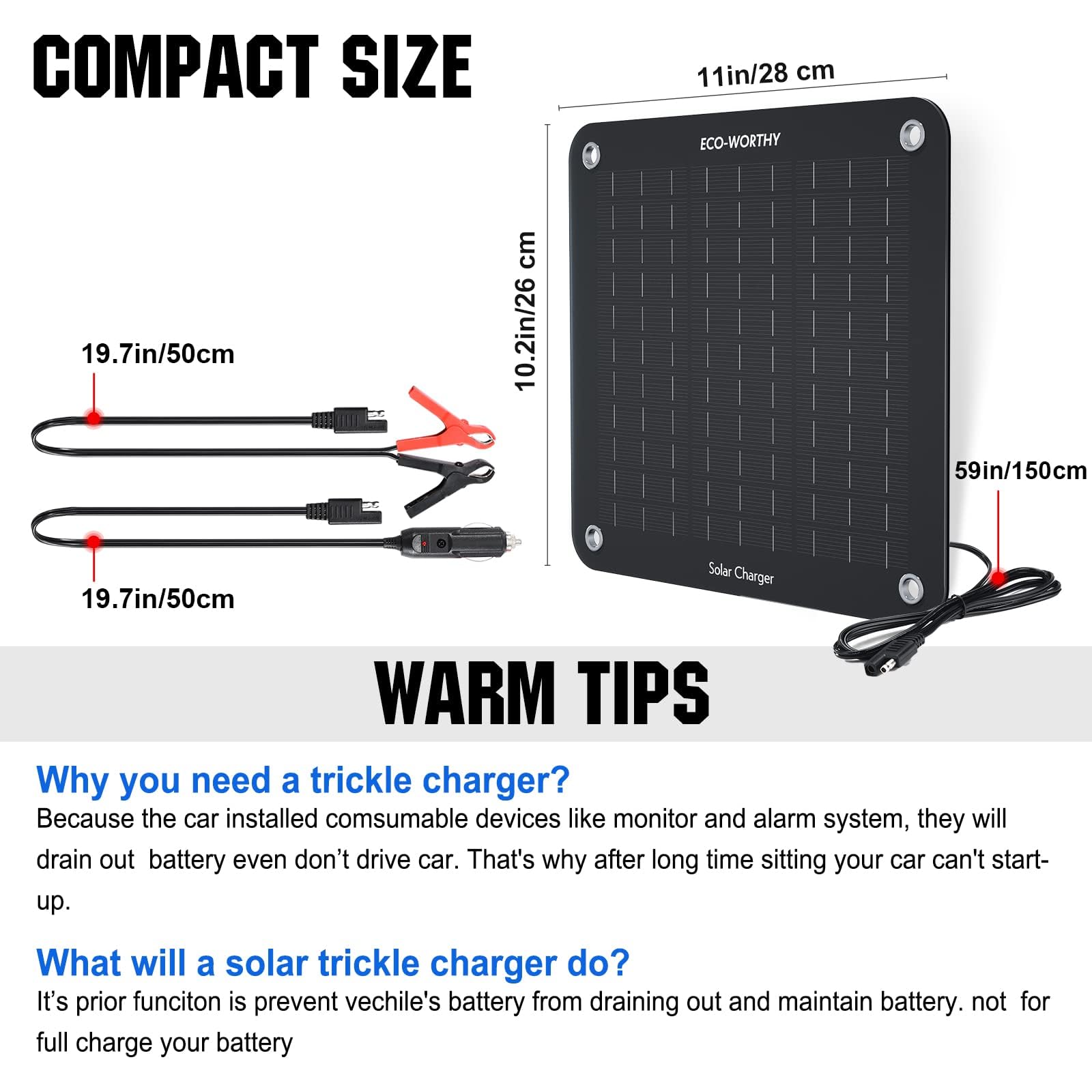 ECO-WORTHY 10W Solar Car Battery Charger Maintainer 12V Waterproof Portable Solar Trickle Charger for Car Truck Boat Lawn Mower RV Trailer Tractor ATV Utility Vehicle Battery - Image 6