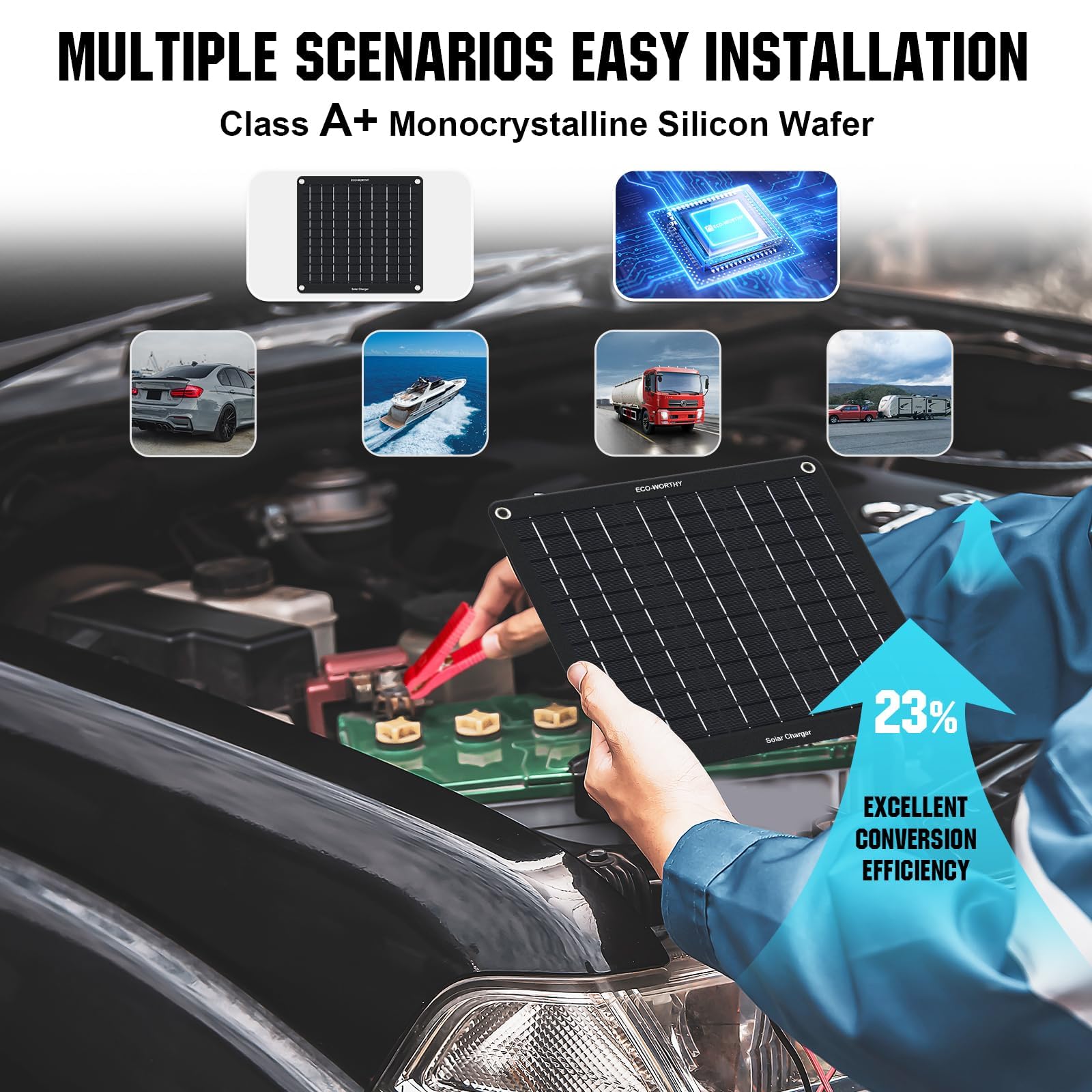 ECO-WORTHY 10W Solar Car Battery Charger Maintainer 12V Waterproof Portable Solar Trickle Charger for Car Truck Boat Lawn Mower RV Trailer Tractor ATV Utility Vehicle Battery - Image 7