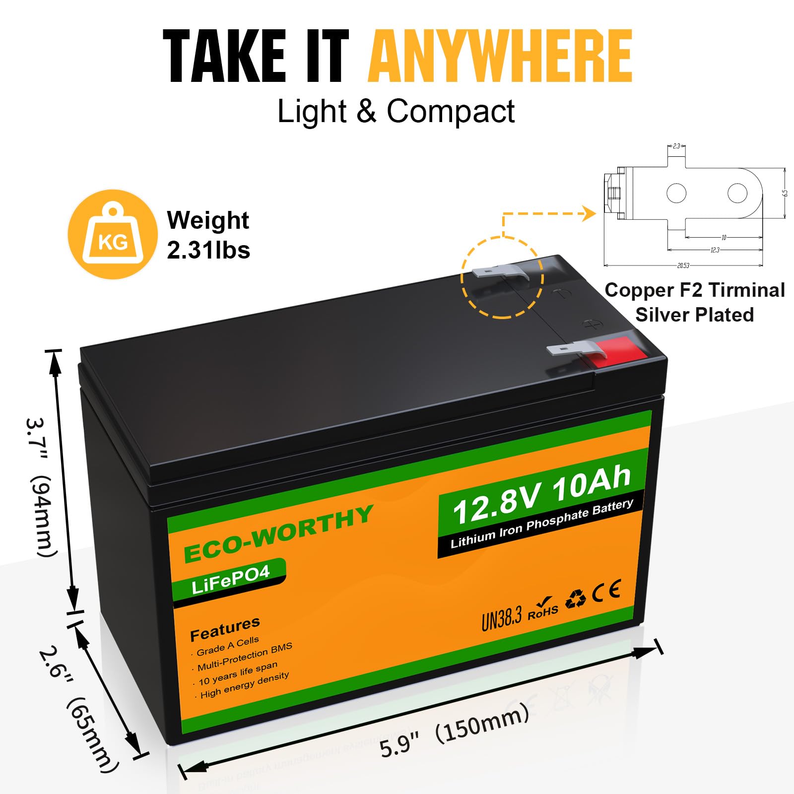 ECO-WORTHY 12V 10Ah Lithium LiFePO4 Deep Cycle Battery with 3000+ Cycles, Built-in BMS, Perfect for Fishfinder, Lighting, Back Up Power - Image 3