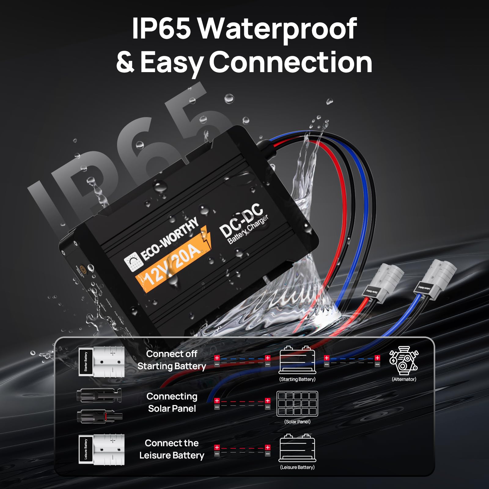 ECO-WORTHY 12V 20A DC to DC Battery Charger with MPPT, Dual Input On-Board Battery Charger for Lead-Acid, LiFePO4 Battery, 16.4FT Cable for Switch Panel for RVs, Vehicles, Boats Solar System - Image 8