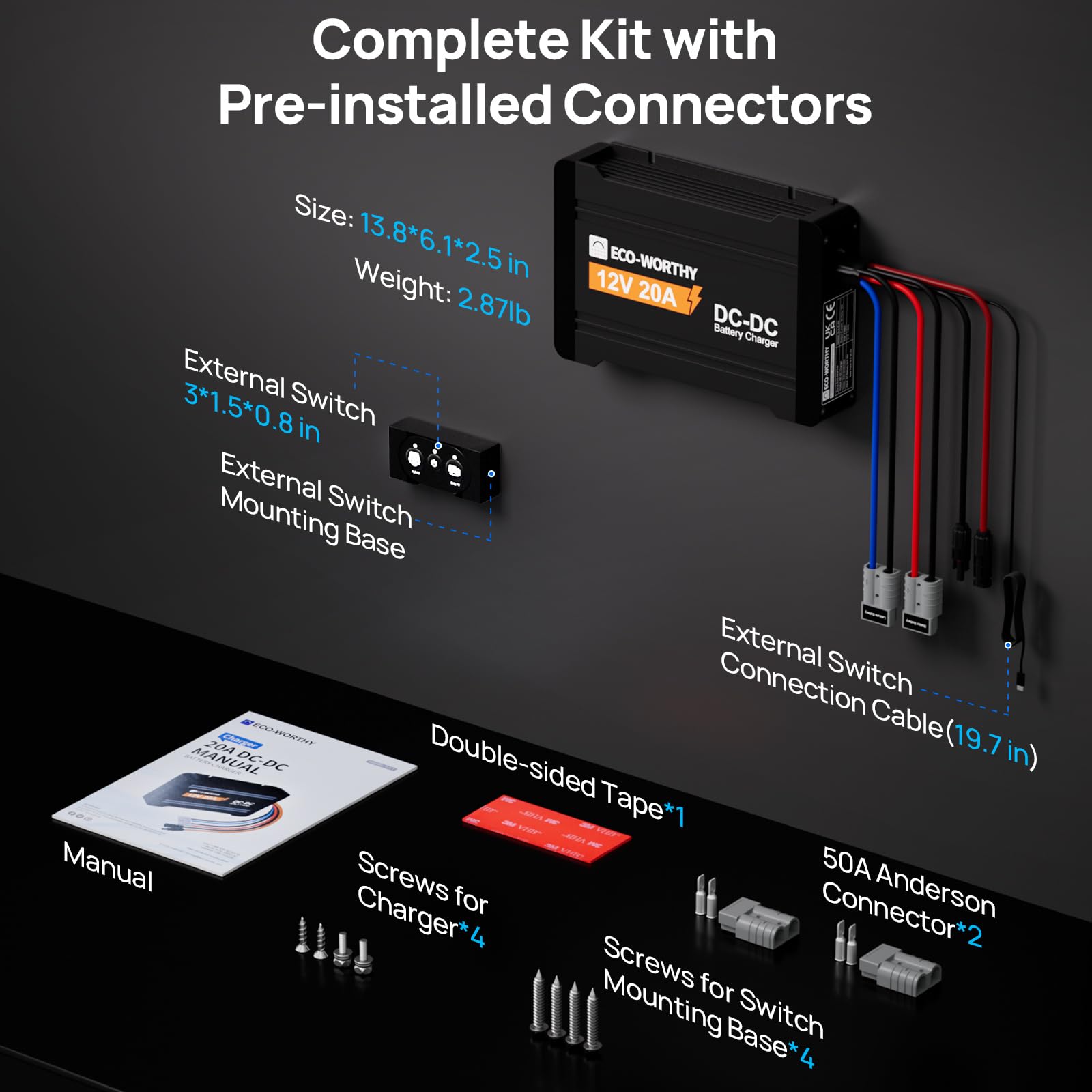 ECO-WORTHY 12V 20A DC to DC Battery Charger with MPPT, Dual Input On-Board Battery Charger for Lead-Acid, LiFePO4 Battery, 16.4FT Cable for Switch Panel for RVs, Vehicles, Boats Solar System - Image 9