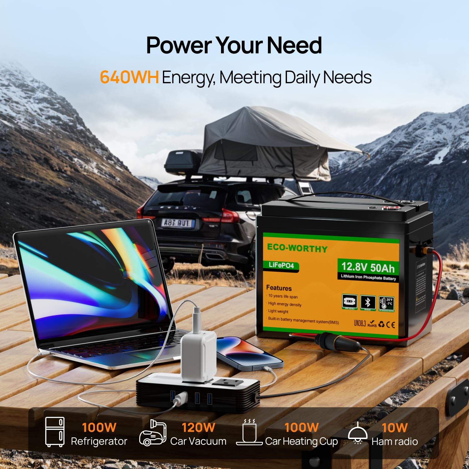 ECO-WORTHY 12V 50Ah LiFePO4 Lithium Battery with XT60 Interface, Bluetooth 5.0, Low Temp Protection, Connects to Power Inverter for Camping, Road Trips,Trolling Motors - Image 4