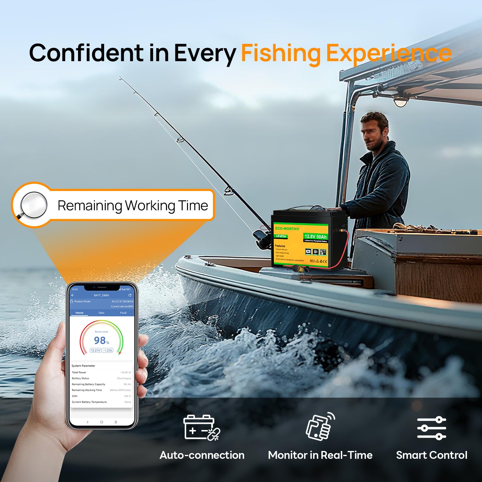 ECO-WORTHY 12V 50Ah LiFePO4 Lithium Battery with XT60 Interface, Bluetooth 5.0, Low Temp Protection, Connects to Power Inverter for Camping, Road Trips,Trolling Motors - Image 5