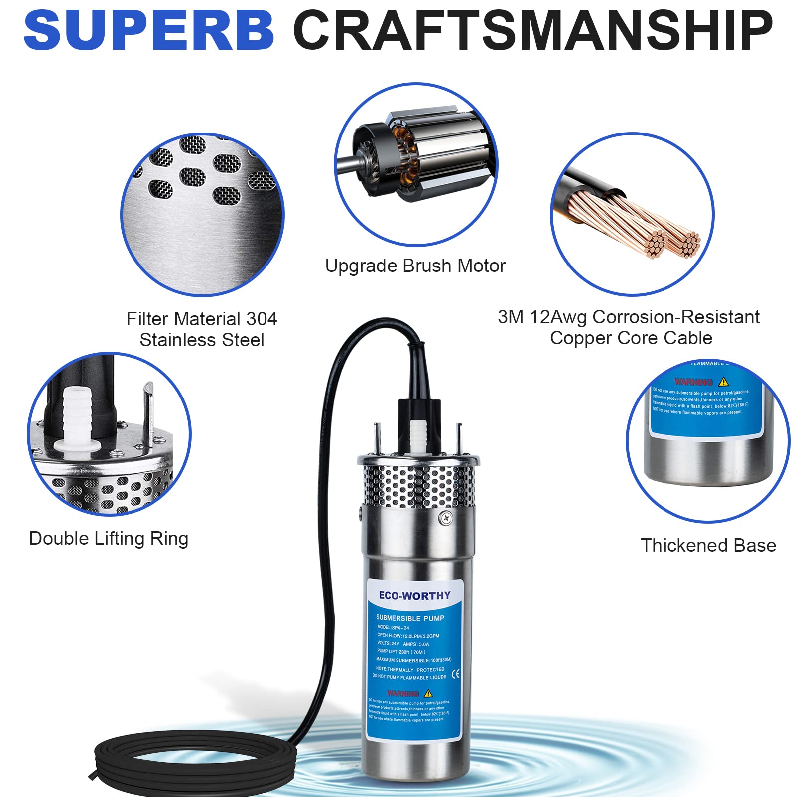 ECO-WORTHY 12V DC Solar Well Pump Kit – 200W Solar Panel Included, Submersible Water Pump, Portable Well Pump for Off-Grid Areas, Deep Wells, Irrigation, Water Tank Filling - Image 4