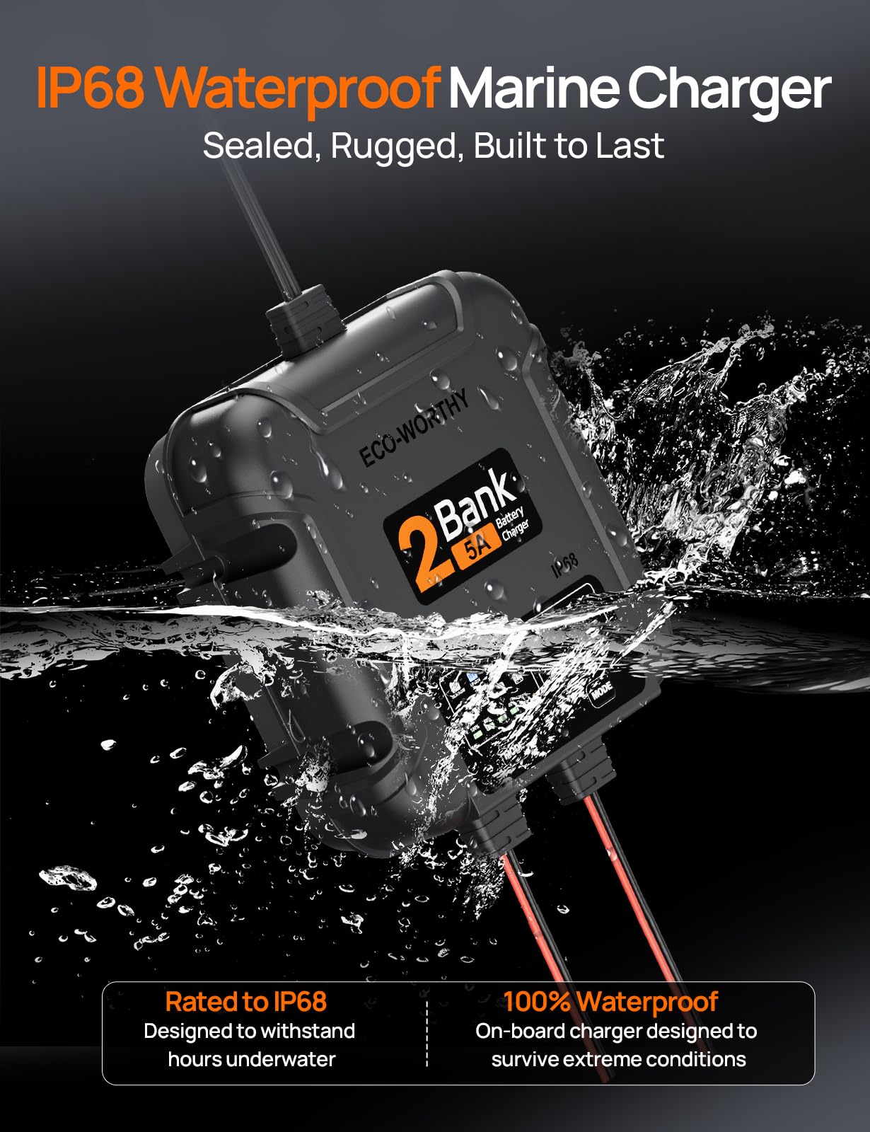 ECO-Worthy 2 Bank Marine Battery Charger 10A (5A/Bank), IP68 Waterproof 12V Charger & Maintainer for Boat RV Car, Lead-Acid LiFePO4 & Calcium Battery Desulfator - Image 4