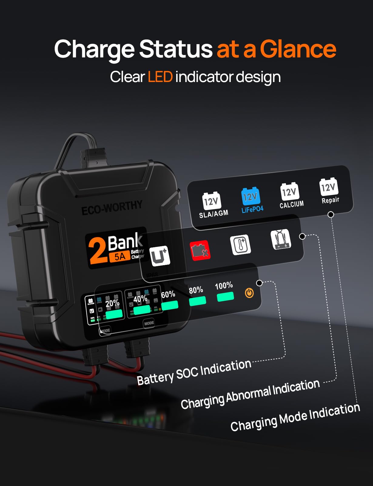 ECO-Worthy 2 Bank Marine Battery Charger 10A (5A/Bank), IP68 Waterproof 12V Charger & Maintainer for Boat RV Car, Lead-Acid LiFePO4 & Calcium Battery Desulfator - Image 5