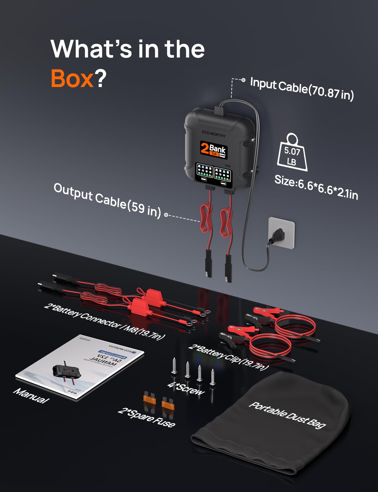 ECO-Worthy 2 Bank Marine Battery Charger 10A (5A/Bank), IP68 Waterproof 12V Charger & Maintainer for Boat RV Car, Lead-Acid LiFePO4 & Calcium Battery Desulfator - Image 9