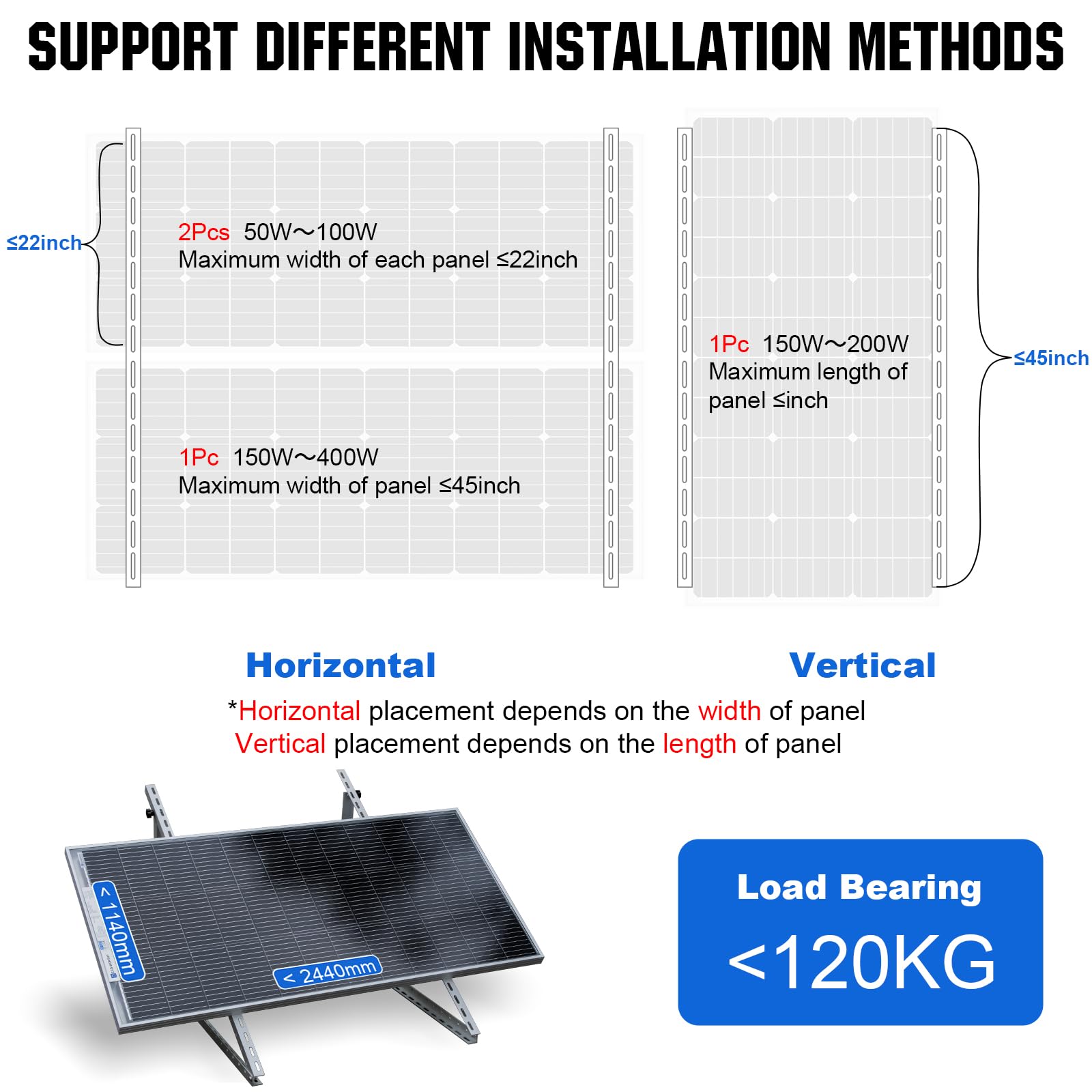 ECO-WORTHY 2 Sets 45inch Solar Panel Mount Brackets Adjustable Tilt Mount Brackets, Suitable for 2-4pcs 100 200 300 400 Watt Solar Panel for Roof, RV, Boat, and Off-Grid - Image 3
