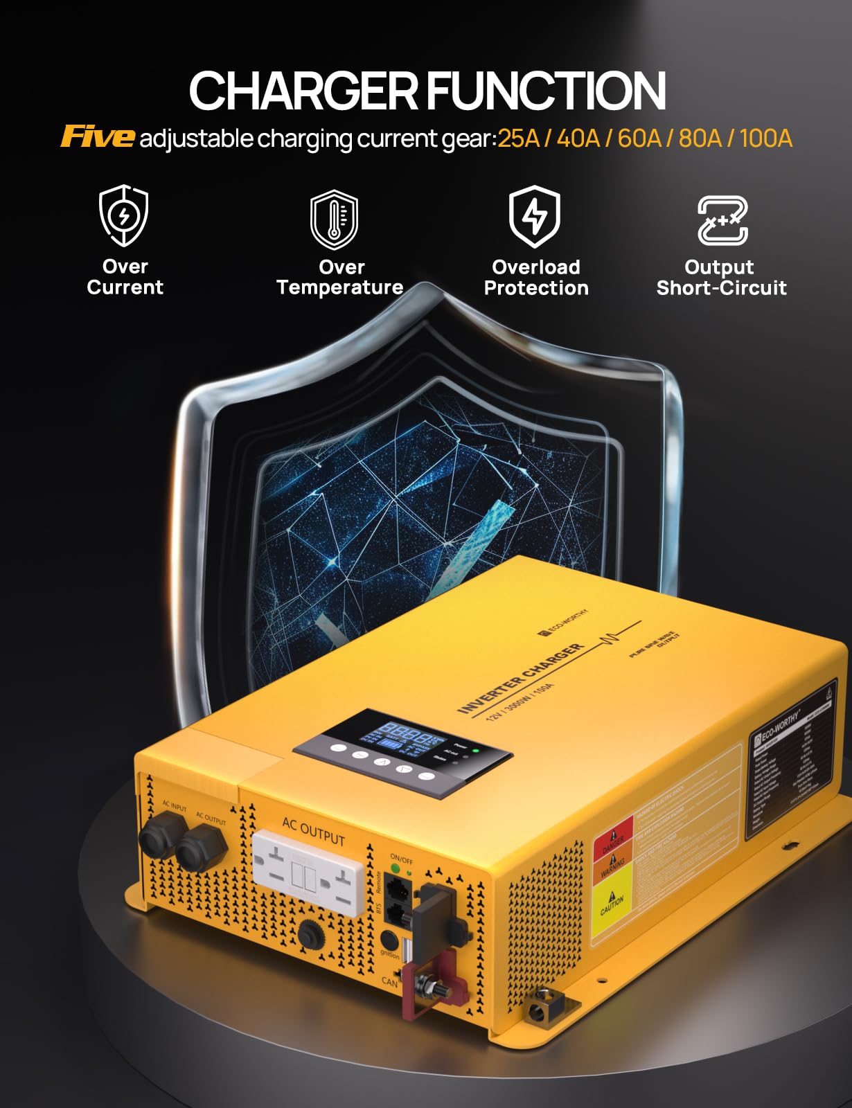 ECO-WORTHY 3000W 12V Pure Sine Wave Inverter Charger,2 in 1 Inverter/Battery Charger,12V DC to 120V AC Converter,25A~100A Adjustable Current Charge,UPS Mode(30ms) Ideal for Off Grid,RV,Home,Cabin - Image 6