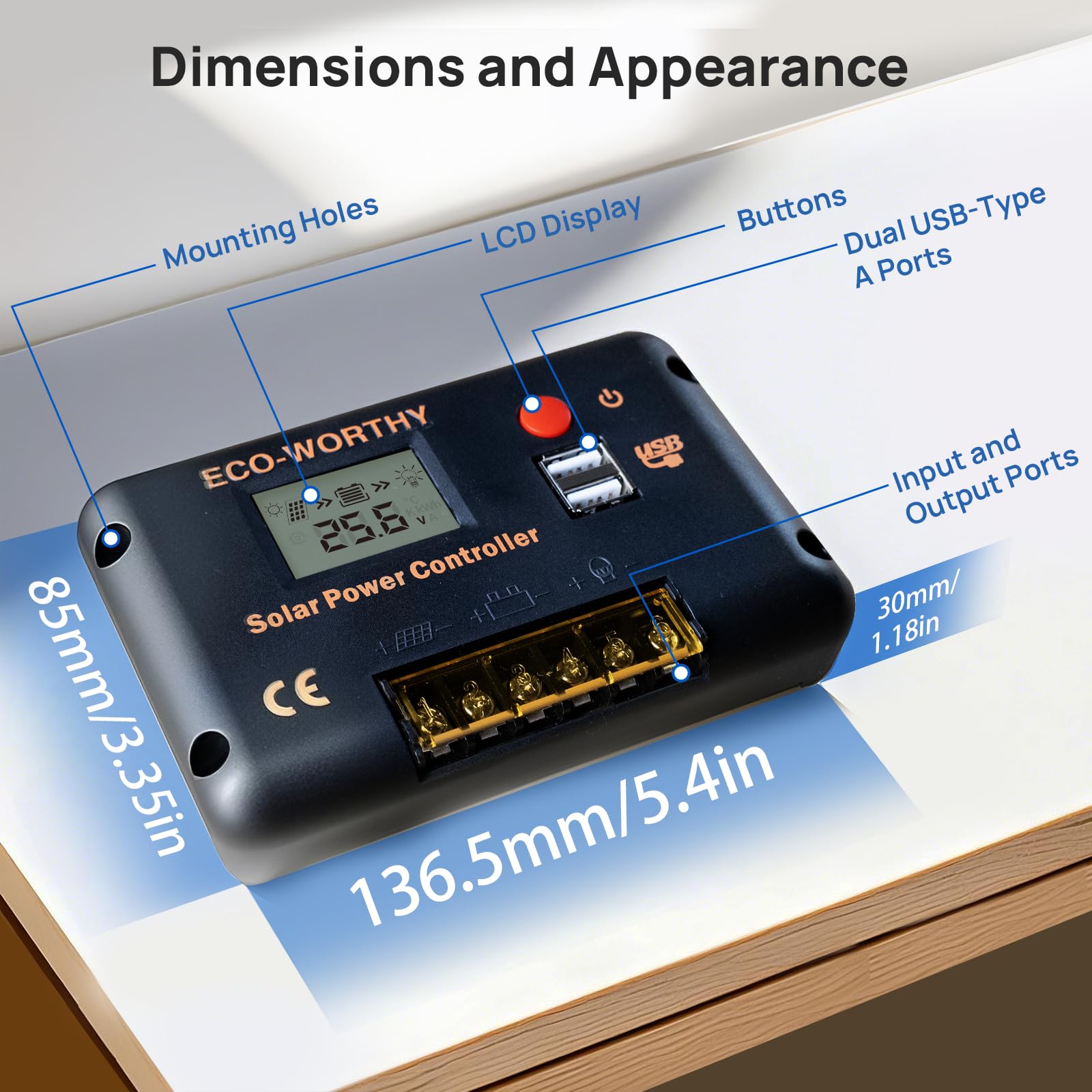 ECO-WORTHY 30A Solar Charger Controller Bluetooth,Solar Panel Battery Intelligent Regulator with Dual USB Ports Auto 12/24V PWM Negative Ground for Lithium,Lead-Acid,Gel Battery - Image 5