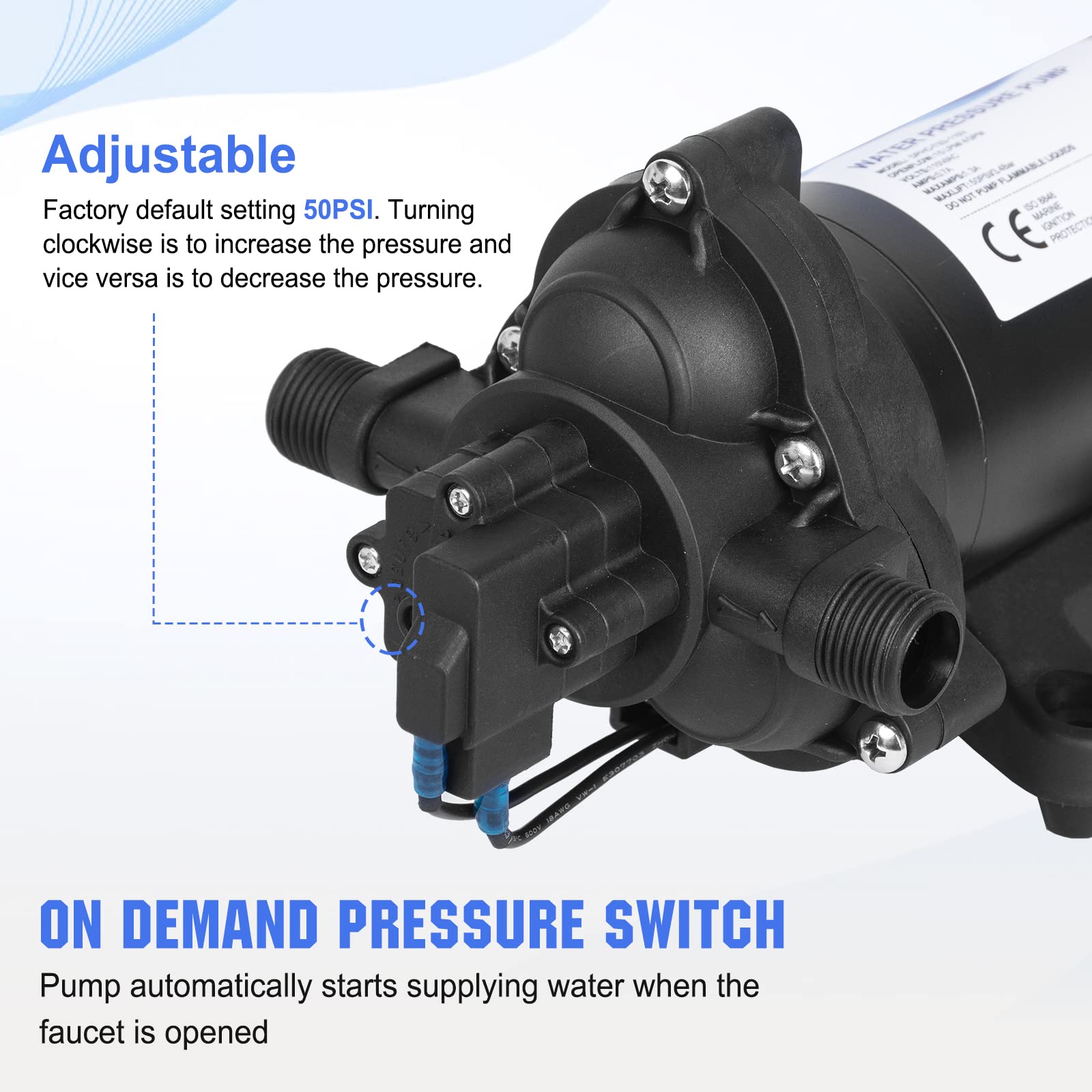 ECO-WORTHY 33-Series Industrial Water Pressure Pump 110V AC 4.0GPM 50PSI RV Fresh Water Diaphragm Pump include Garden Hose Adapters for Irrigation Marine Boat Sprinkler Faucet - Image 3