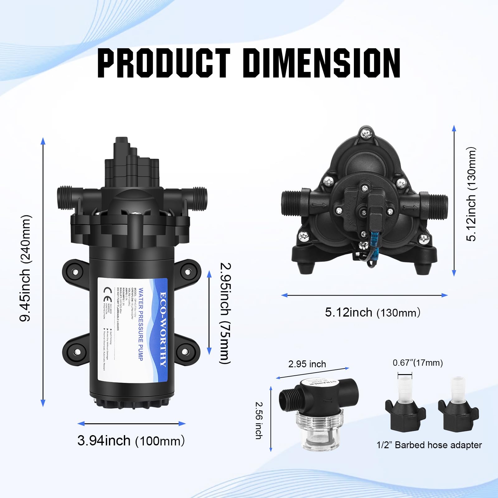 ECO-WORTHY 33-Series Industrial Water Pressure Pump 110V AC 4.0GPM 50PSI RV Fresh Water Diaphragm Pump include Garden Hose Adapters for Irrigation Marine Boat Sprinkler Faucet - Image 9