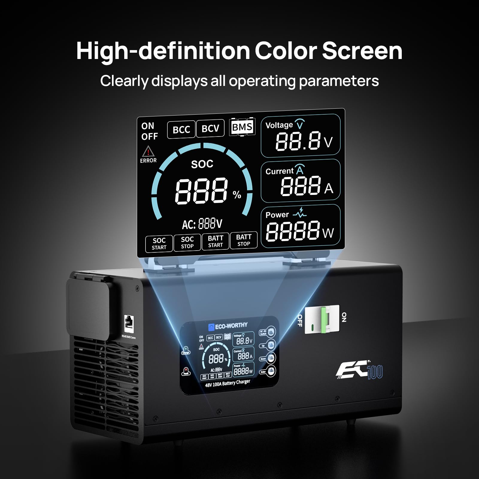 ECO-WORTHY 48V 100A Battery Charger for LiFePO4, Suitable for 120/240V Generators Fast Charging, Compatible with ECO-WORTHY 48V 100Ah Server Rack Battery, 2-100A Current Adjustable - Image 4