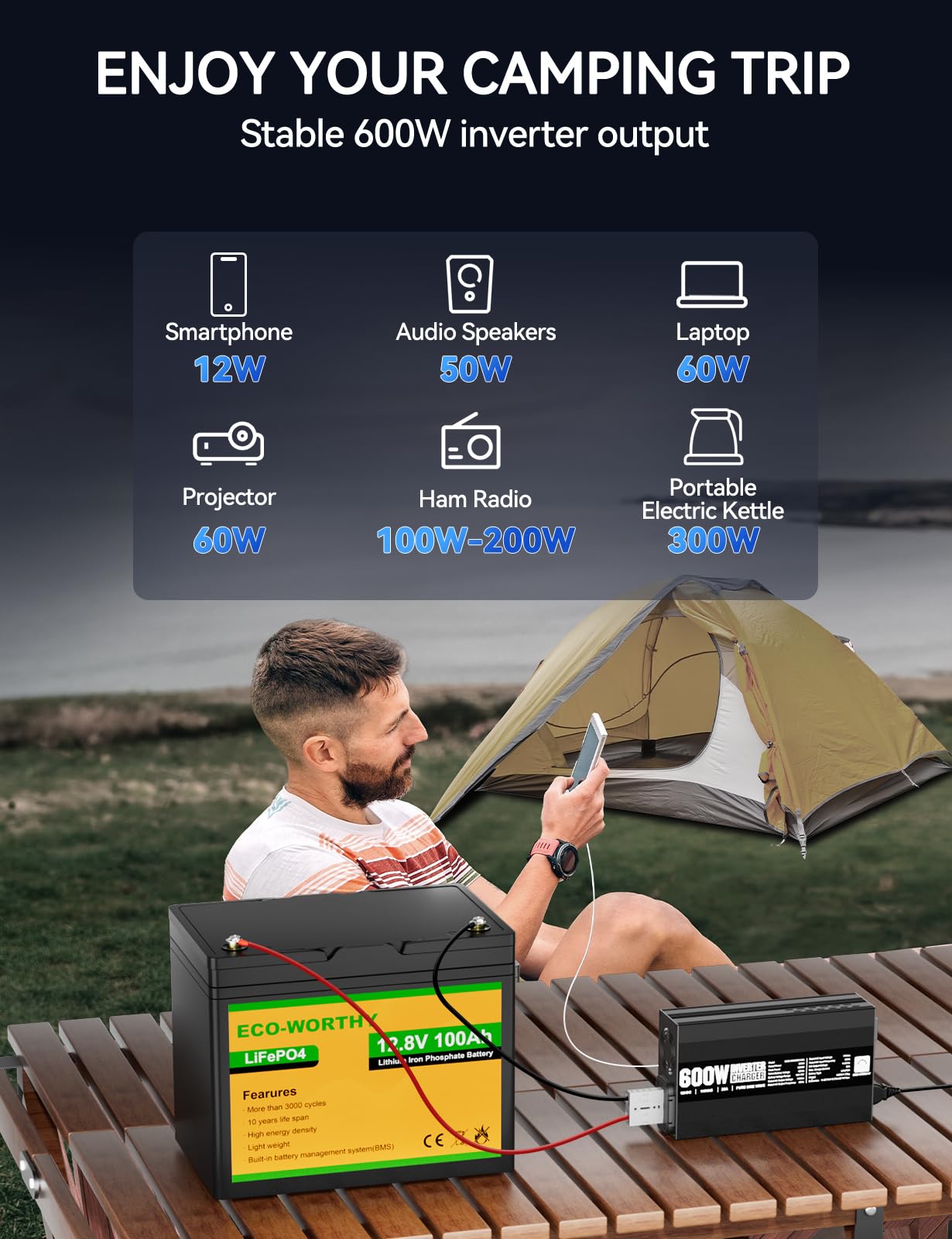 ECO-WORTHY 600W Inverter Charger, 600W Pure Sine Wave Inverter & 30A LiFePO4 Battery Charger with 20ms UPS, DC 12V to AC 110V, Output Surge 1200W, for RV Lithium Batteries Roadtrip Essentials - Image 4