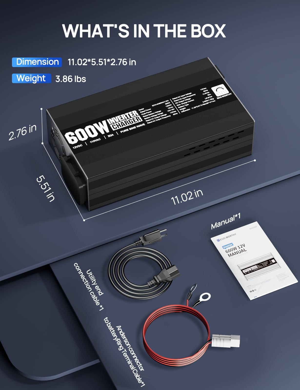 ECO-WORTHY 600W Inverter Charger, 600W Pure Sine Wave Inverter & 30A LiFePO4 Battery Charger with 20ms UPS, DC 12V to AC 110V, Output Surge 1200W, for RV Lithium Batteries Roadtrip Essentials - Image 9