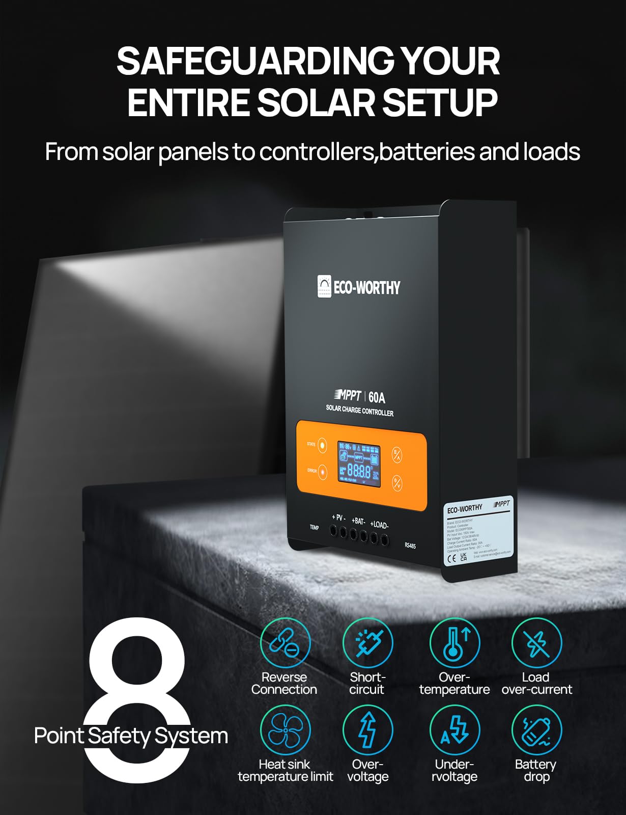 ECO-WORTHY 60A MPPT Solar Charge Controller with Bluetooth&WiFi, Max PV Input 150V,12/24/36/48V Solar Panel Regulator for Lead-Acid/Lifepo4 Battery in Solar System RV - Image 7
