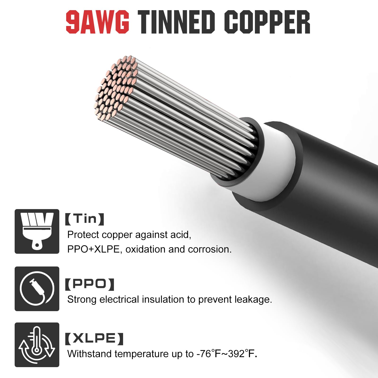 ECO-WORTHY 9AWG Battery Cable with 13/64'' Lug Terminals 12inch Cables Set Tinned Copper Battery Inverter Cable for Car, Truck, RV, Solar - Image 3