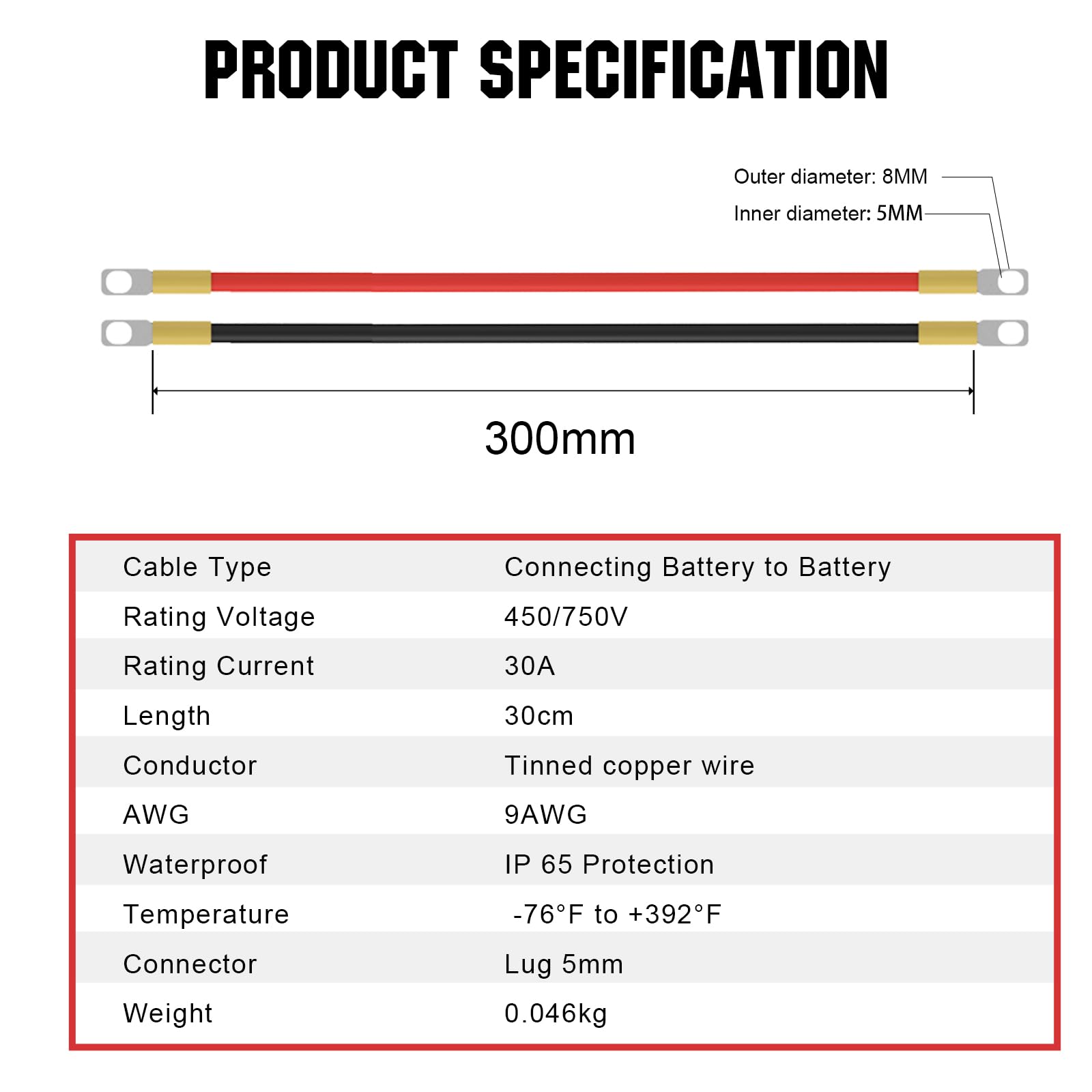 ECO-WORTHY 9AWG Battery Cable with 13/64'' Lug Terminals 12inch Cables Set Tinned Copper Battery Inverter Cable for Car, Truck, RV, Solar - Image 5