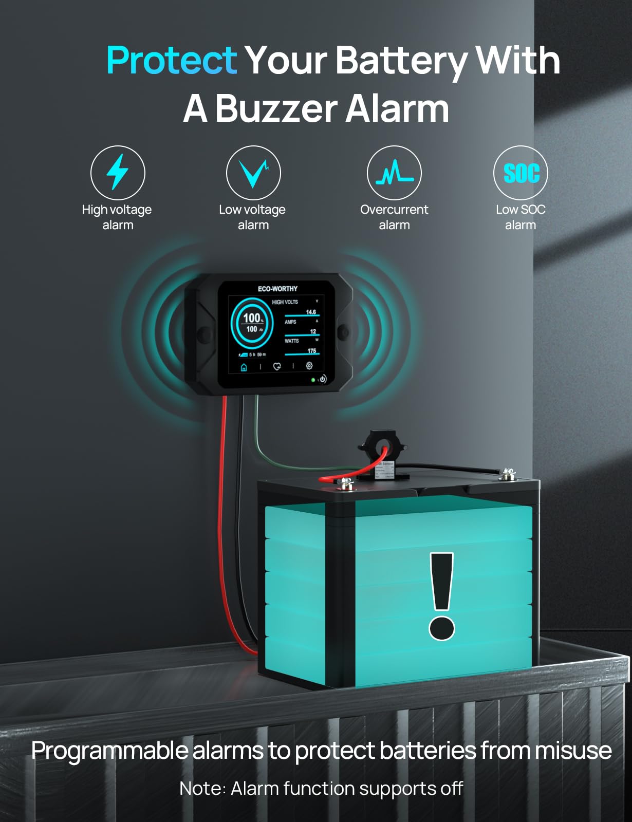 ECO-WORTHY Battery Monitor with Hall Sensor, 300A Touchable Backlight Display with Programmable Alarm for 9-80V LiFePO4/AGM/Gel Battery RV Golf Cart Off-Grid Houses - Image 3