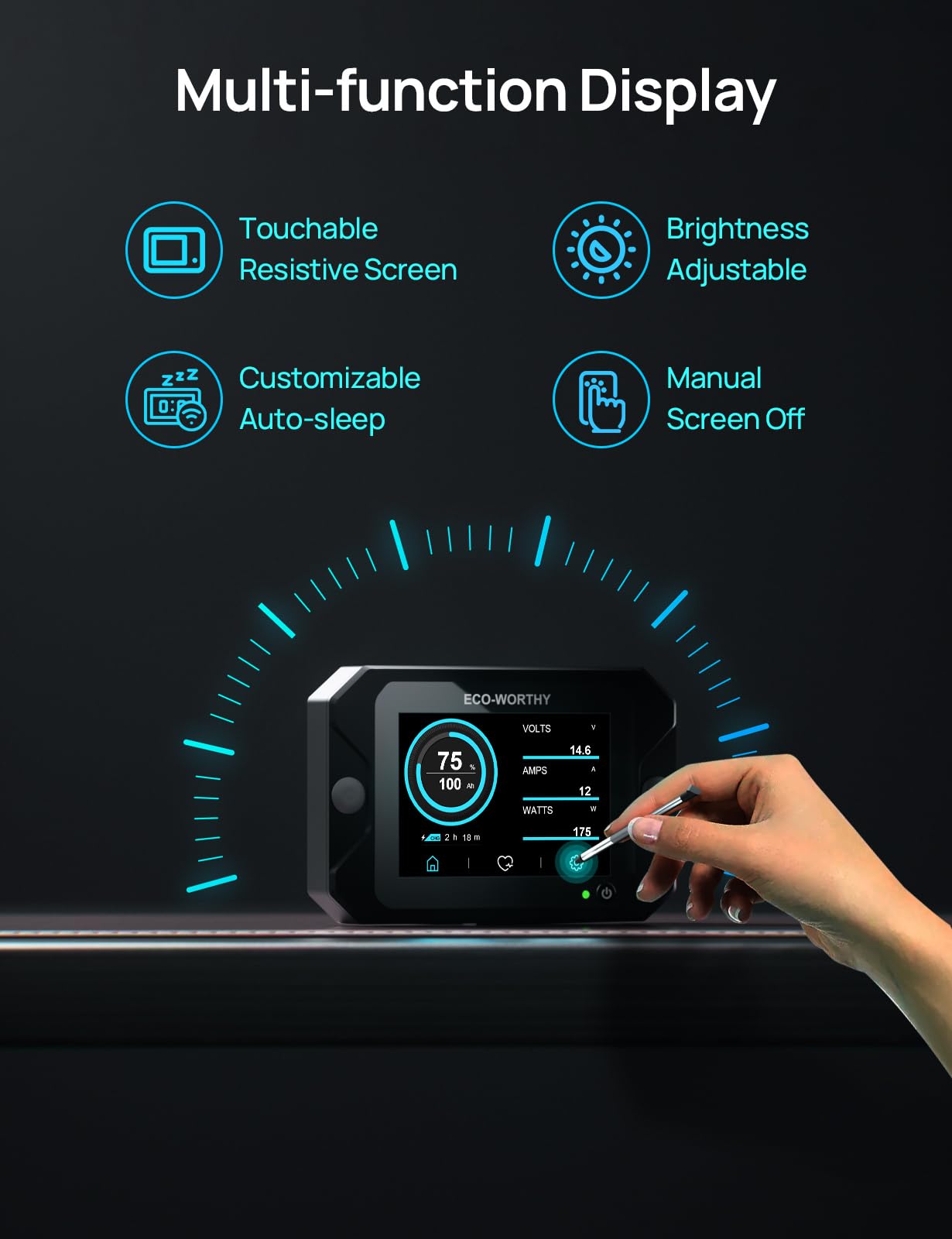 ECO-WORTHY Battery Monitor with Hall Sensor, 300A Touchable Backlight Display with Programmable Alarm for 9-80V LiFePO4/AGM/Gel Battery RV Golf Cart Off-Grid Houses - Image 4