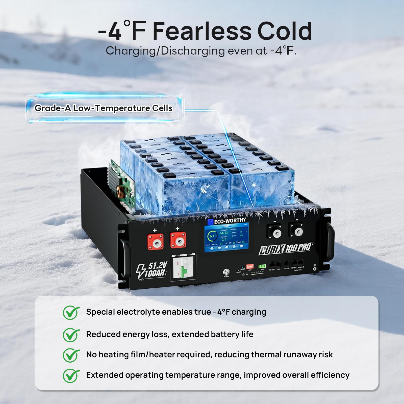 ECO-WORTHY (Cubix 100 Pro) 48V 100Ah(2 Pack) Server Rack LiFePO4 Lithium Battery, Low-Temperature Resistant Cells,LED Display,Bluetooth & WiFi Connectivity,for Solar Energy Storage, Home Backup Power - Image 5