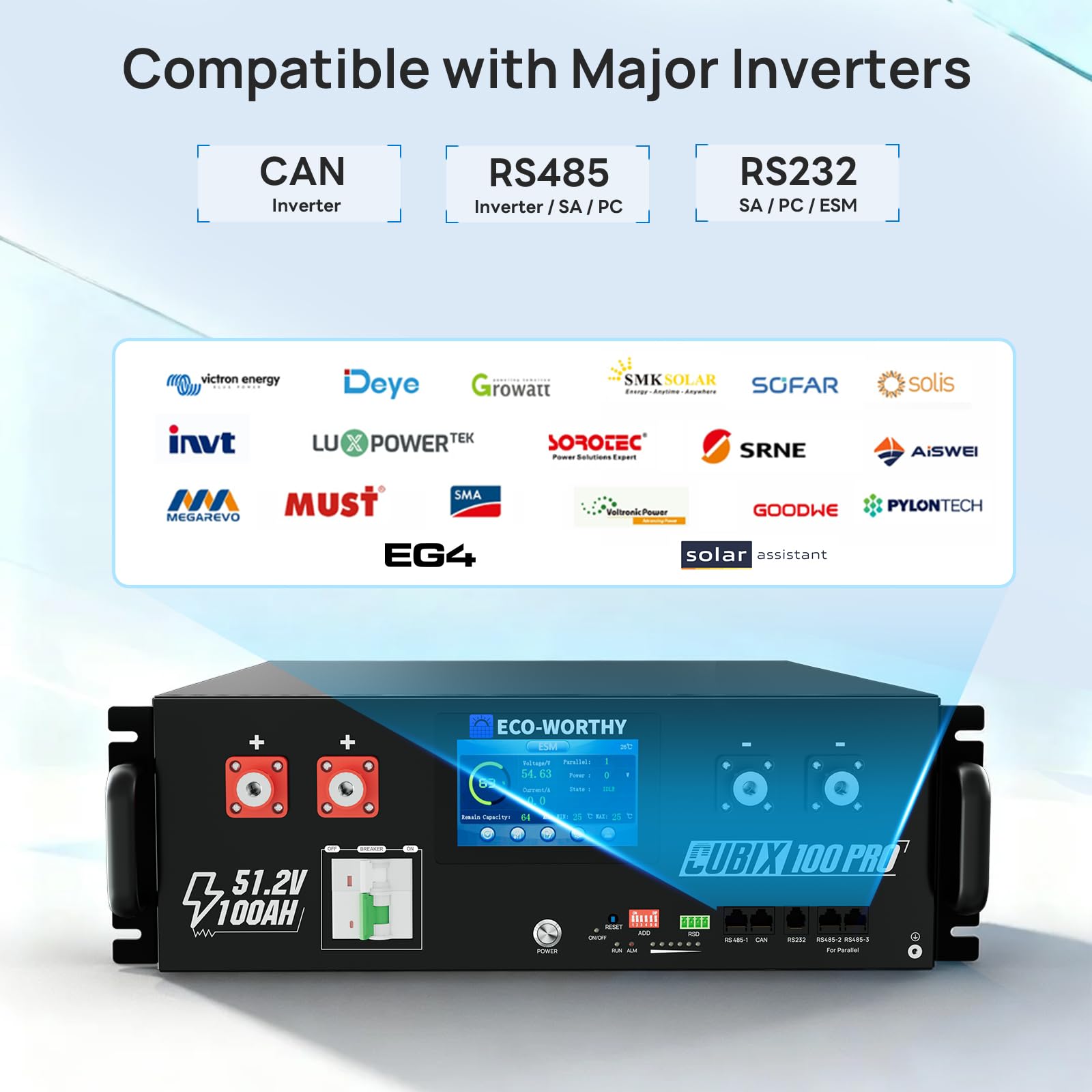 ECO-WORTHY (Cubix 100 Pro) 48V 100Ah(2 Pack) Server Rack LiFePO4 Lithium Battery, Low-Temperature Resistant Cells,LED Display,Bluetooth & WiFi Connectivity,for Solar Energy Storage, Home Backup Power - Image 7