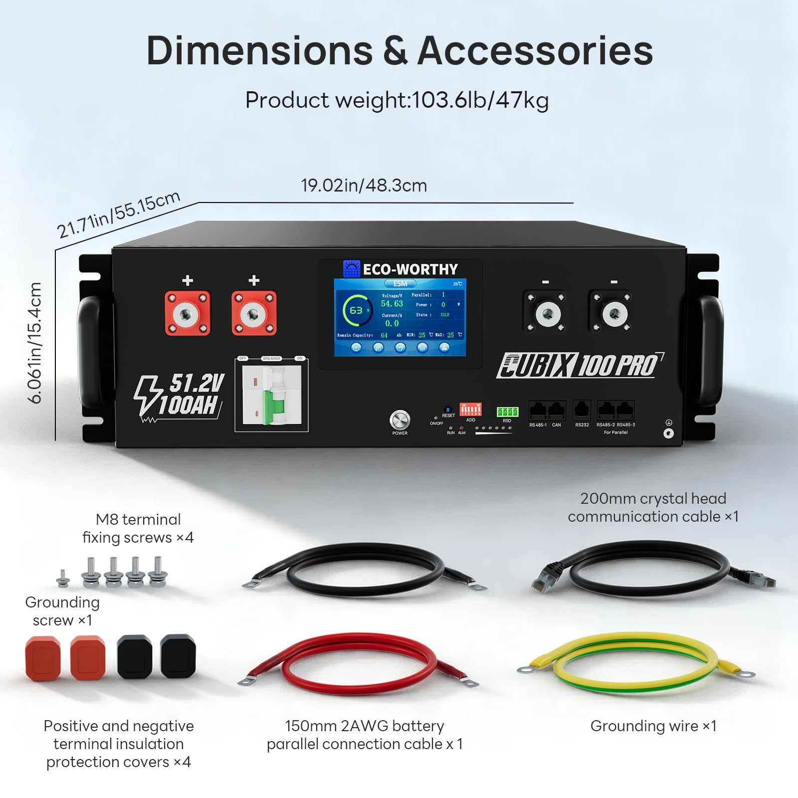 ECO-WORTHY (Cubix 100 Pro) 48V 100Ah(2 Pack) Server Rack LiFePO4 Lithium Battery, Low-Temperature Resistant Cells,LED Display,Bluetooth & WiFi Connectivity,for Solar Energy Storage, Home Backup Power - Image 9