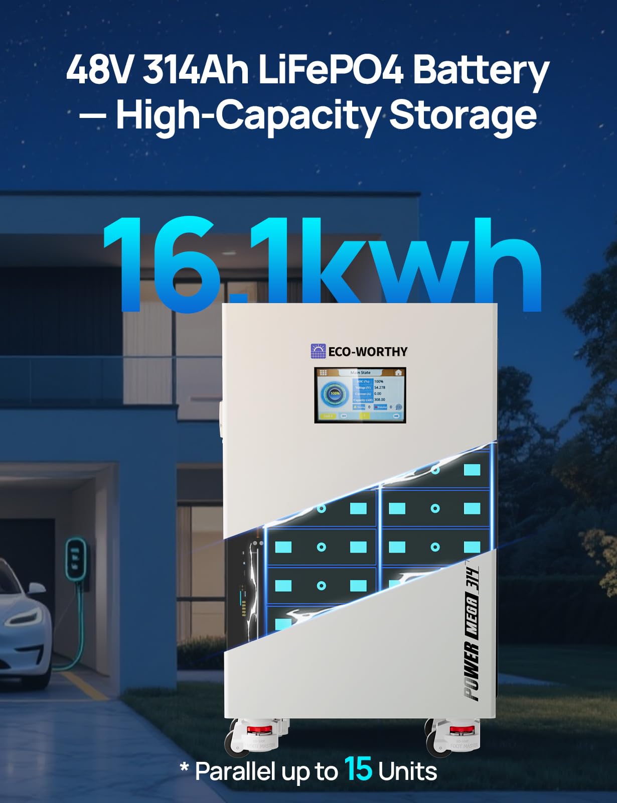 ECO-WORTHY Energy Storage System, Powermega 48V 314Ah(V2) LiFePO4 Battery with 5kW Inverter, Active Balancing BMS, Built-in Bluetooth and WiFi, Communication-Ready for Home Backup, Emergency Use - Image 5
