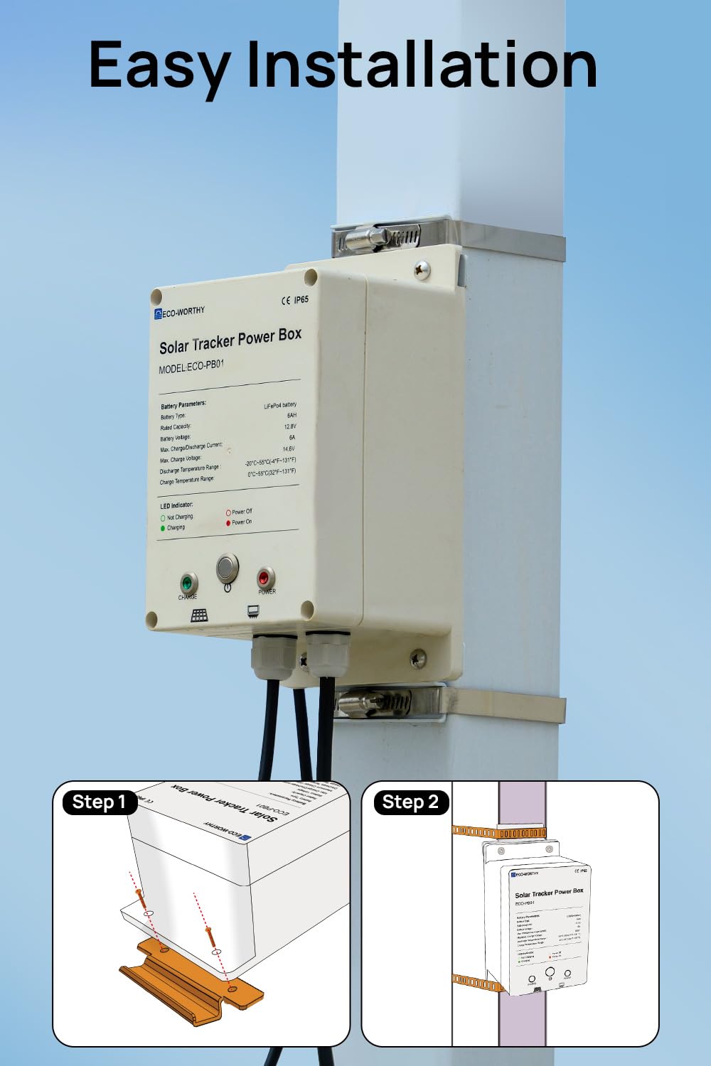 ECO-WORTHY Power Box for Solar Tracker System IP65 Waterproof: 10W Monocrystalline Solar Panel + 6AH 12V LiFePO4 Battery with 3000+ Cycles and BMS Protection Plug and Play for Garden and Outdoor - Image 3