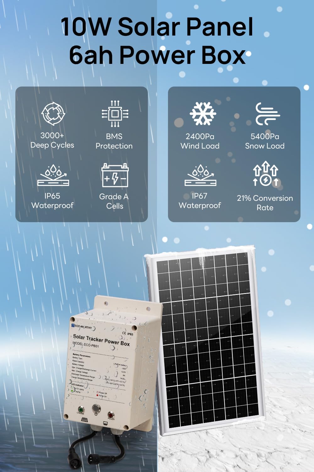 ECO-WORTHY Power Box for Solar Tracker System IP65 Waterproof: 10W Monocrystalline Solar Panel + 6AH 12V LiFePO4 Battery with 3000+ Cycles and BMS Protection Plug and Play for Garden and Outdoor - Image 7