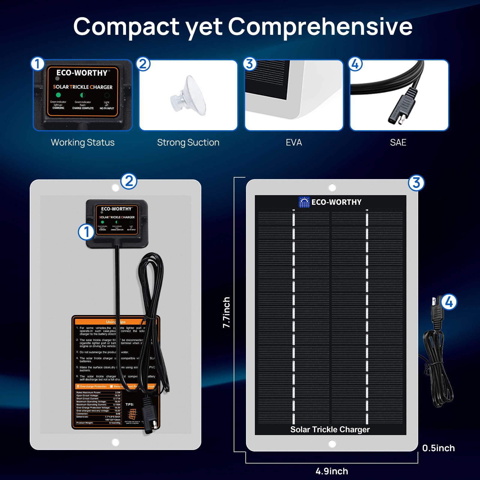 ECO-WORTHY Solar Battery Charger 12 Volt Waterproof Portable Power Solar Panel Solar Trickle Car Battery Charger Maintainer for Car Truck Boat RV Motorcycle Marine Trailer Battery，Plug and Play - Image 6