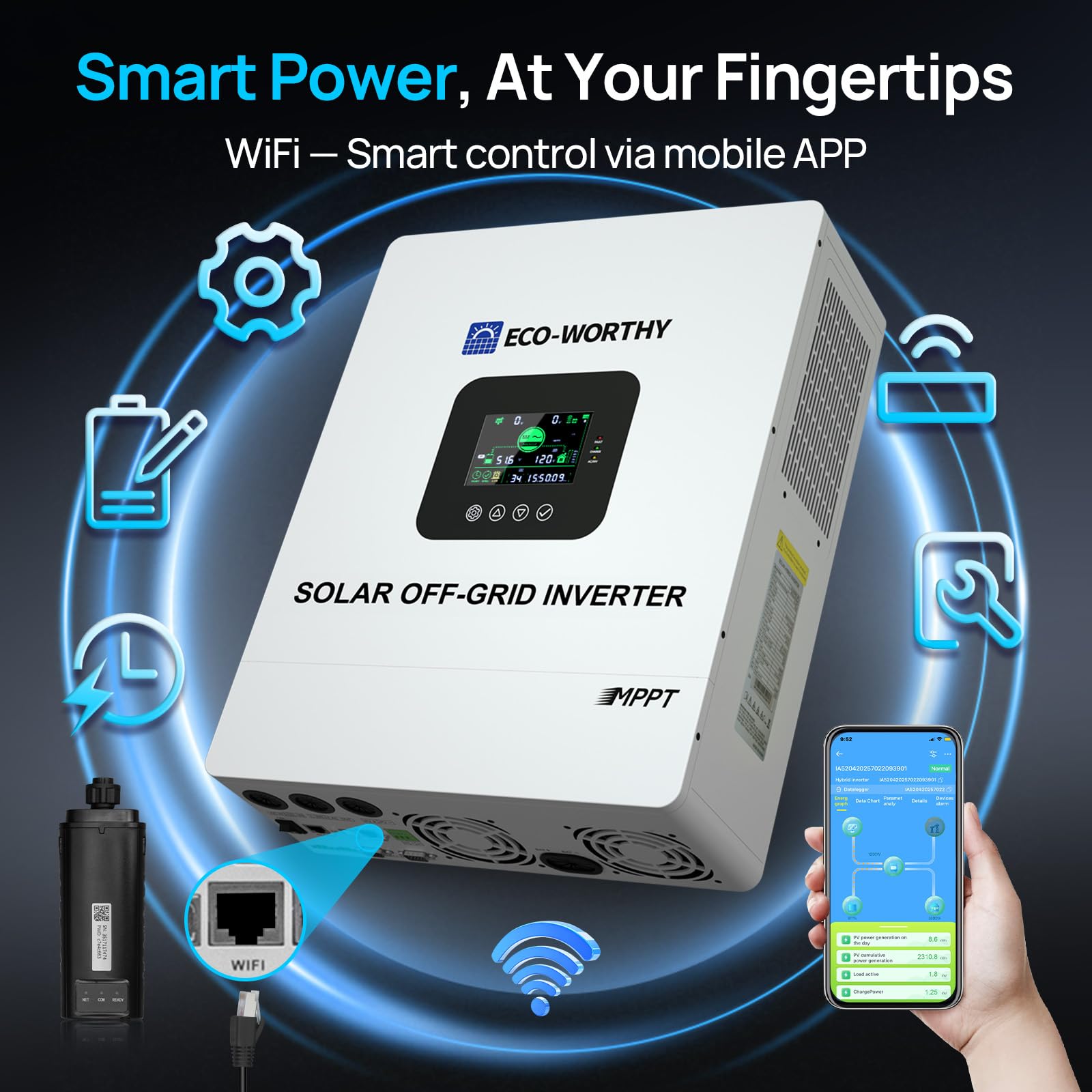 ECO-WORTHY UL1741 5000W 48V Solar Inverter Charger with WiFi, 48V DC to 120V AC,Inversor Solar Built in 100A MPPT Solar Charge Controller,40A AC Charger,Work with Lead Acid/LiFePO4,Home Backup - Image 3